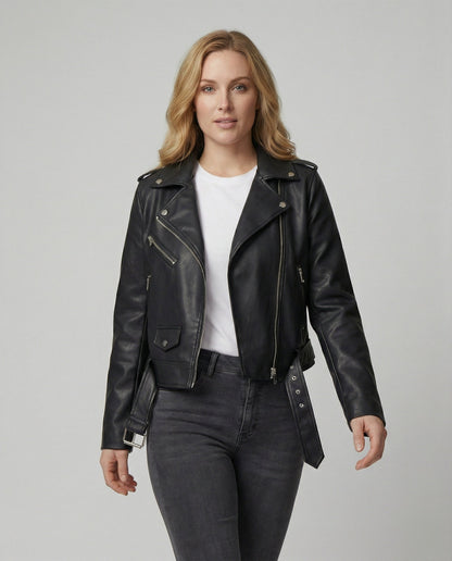 Damen Lederjacke Biker Stil Modern Lederoptik - BerlinGlamour