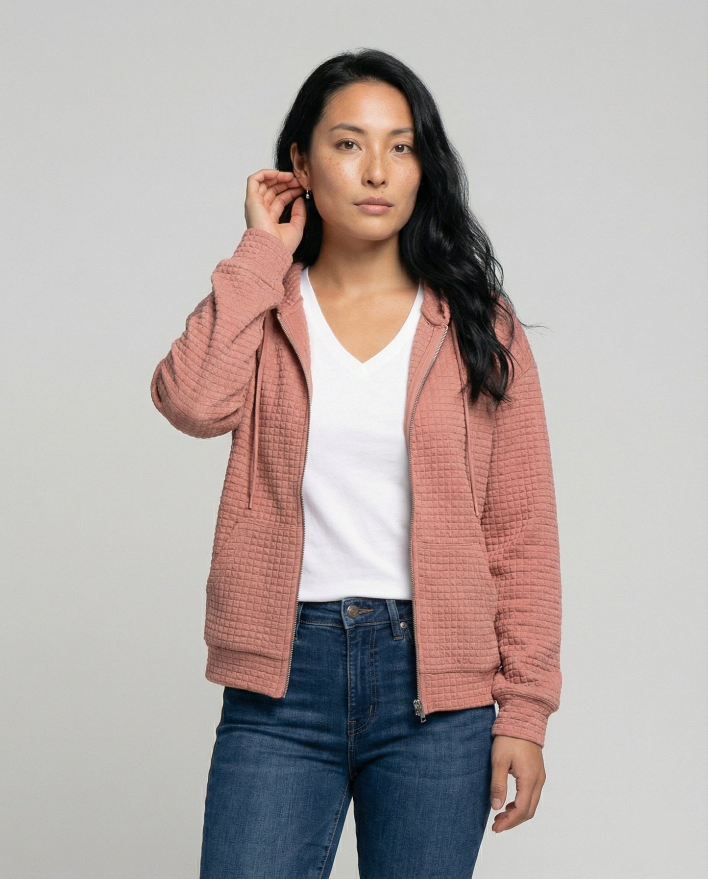 Kapuzenpullover Damen Waffle-Strick Reißverschluss Modern