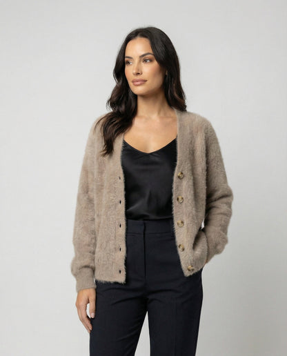 Damen Strickjacke Flauschig V-Ausschnitt Große Knöpfe - BerlinGlamour