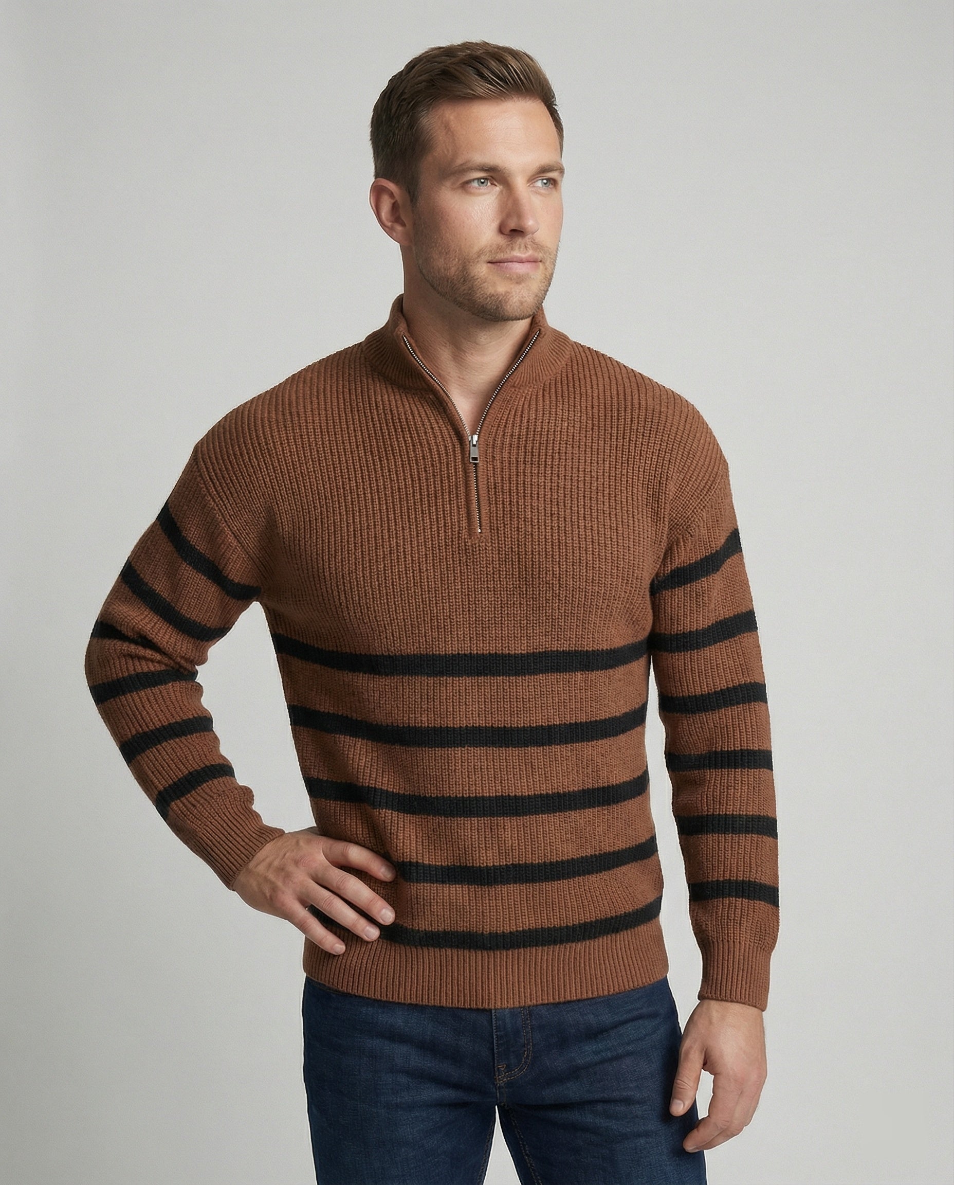 Herren Strickpullover Gestreift Modern mit Halbreißverschluss - BerlinGlamour