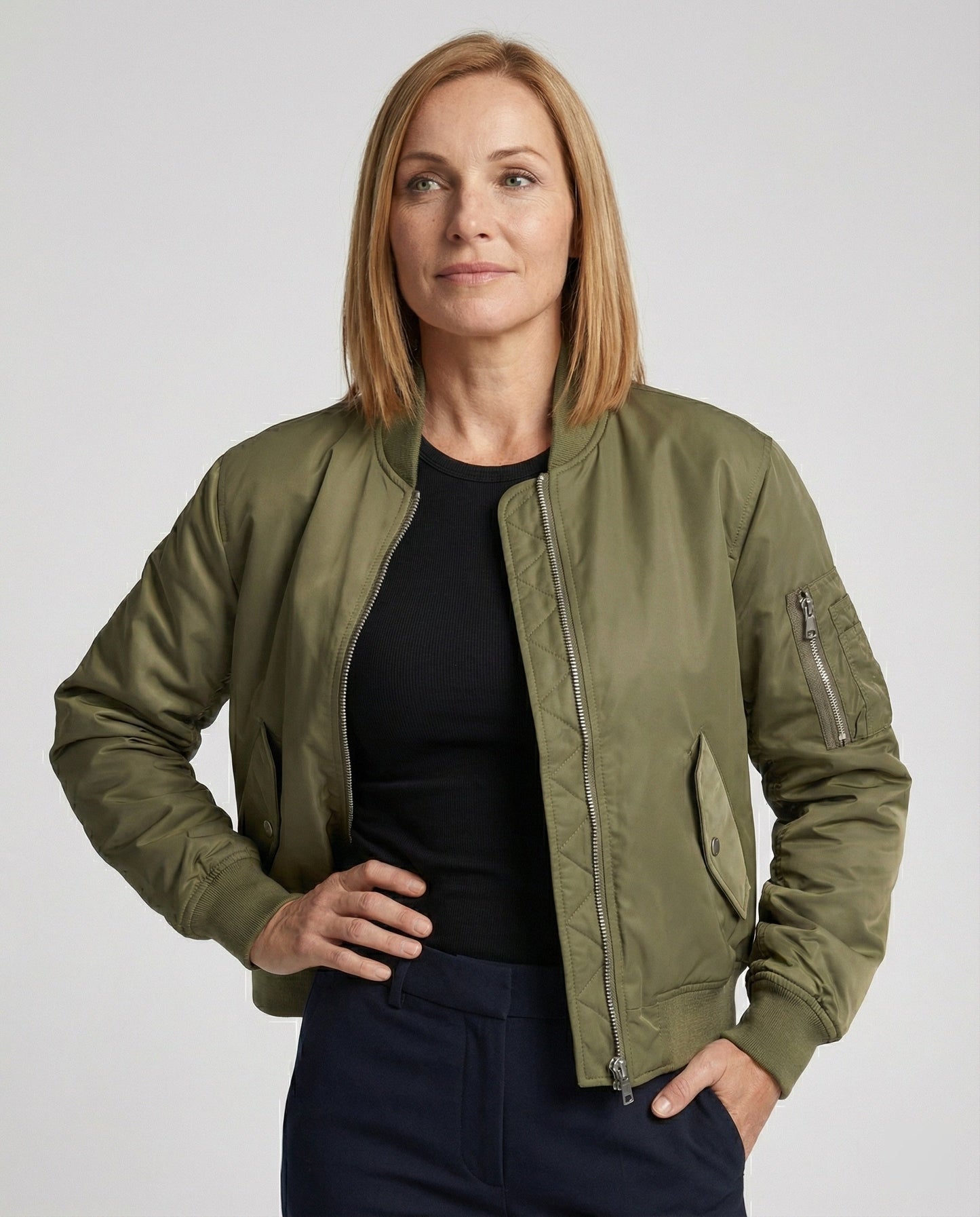 Damen Bomberjacke Reißverschluss Schwarz Modern