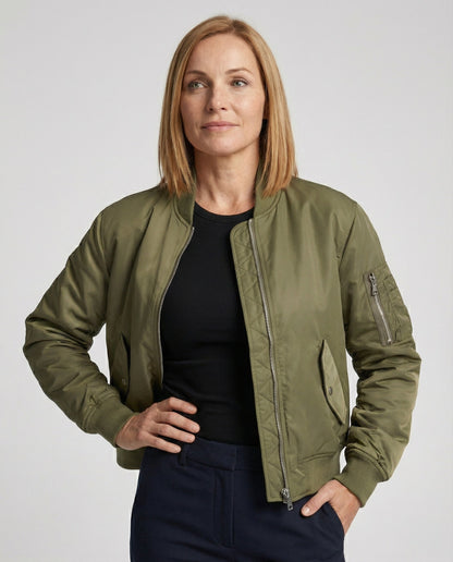 Damen Bomberjacke Reißverschluss Schwarz Modern