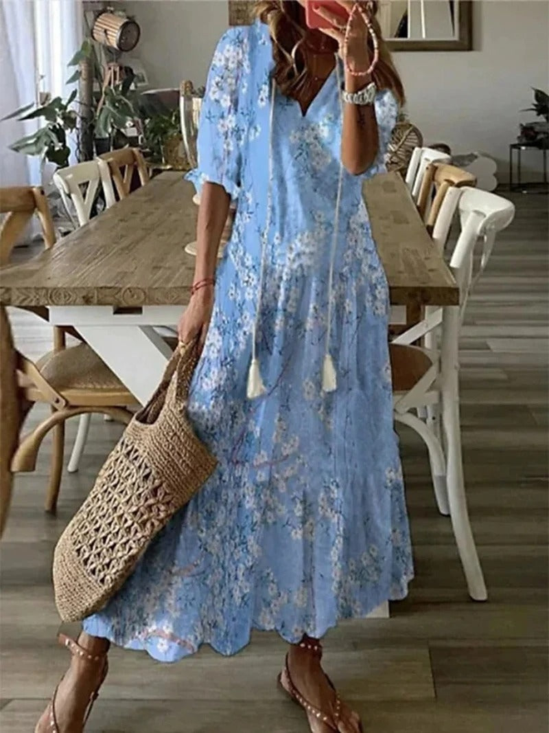 Boho Maxi Kleid Damen Blumenmuster Sommerkleid Lang
