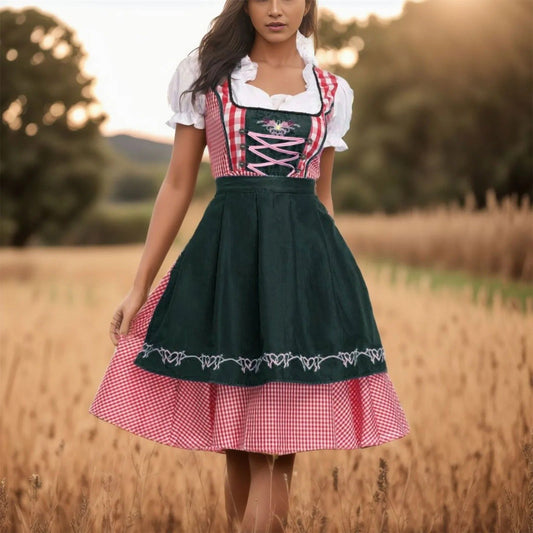 Dirndl Kleid mit tailliertem Oberteil, Karo-Muster und Schürze für das Oktoberfest