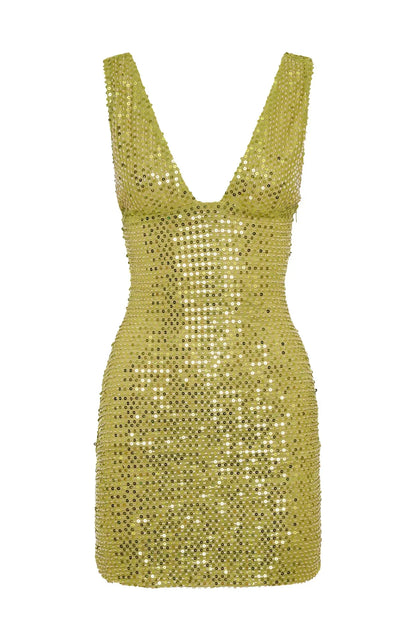 Goldenes Pailletten-Kleid Minikleid Tiefes V