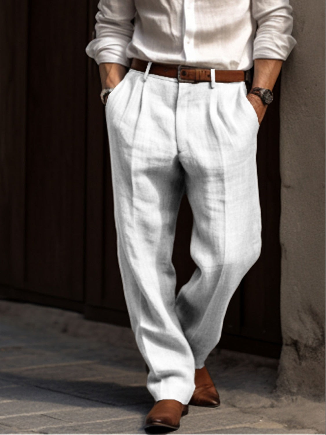 Herren Leinenhose Plissiert Bequem Sommer