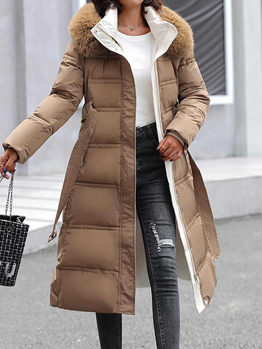 Snow Embrace Mantel in Braun – Winterjacke mit Gürtel und Kapuze