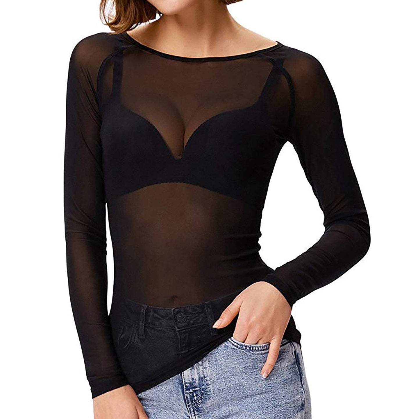 Damen Langarmtop Durchsichtig Mesh Oberbekleidung