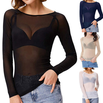 Damen Langarmtop Durchsichtig Mesh Oberbekleidung - BerlinGlamour