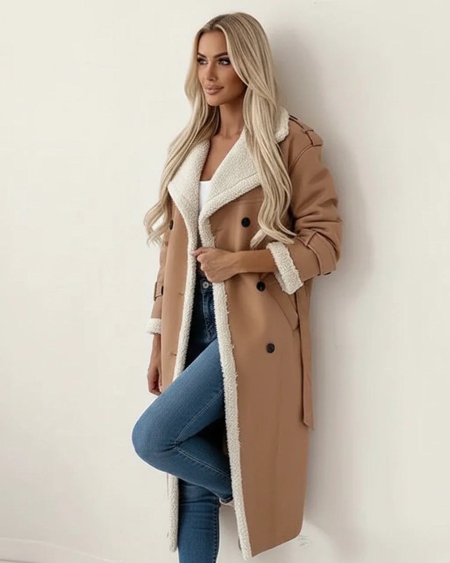 Damen Wintermantel Lang Sherpa Fell Leder Optik - BerlinGlamour