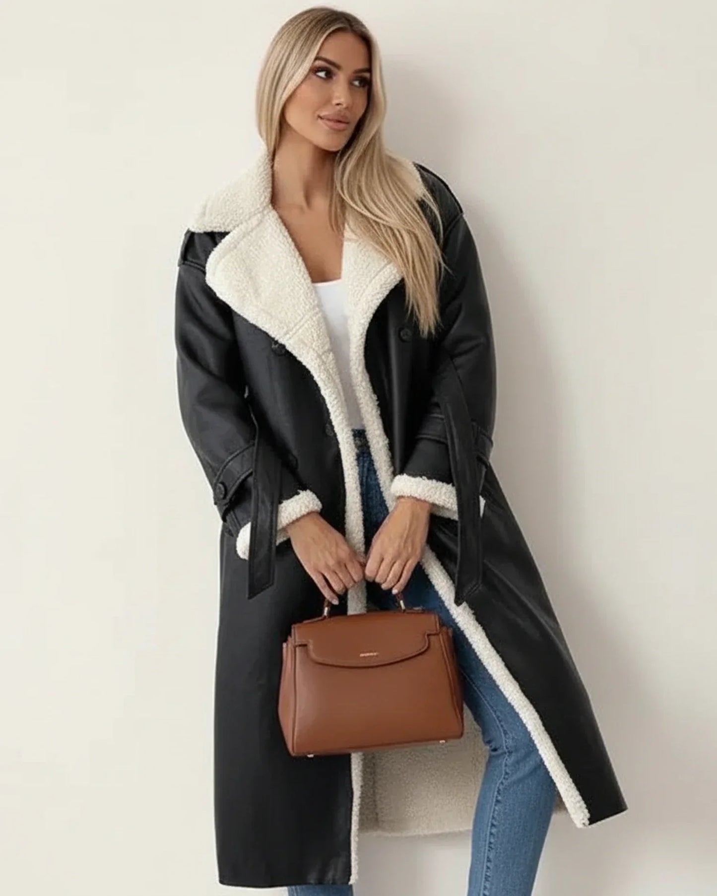 Damen Wintermantel Lang Sherpa Fell Leder Optik