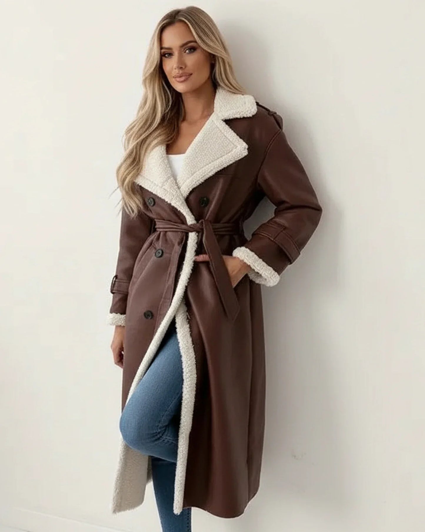 Damen Wintermantel Lang Sherpa Fell Leder Optik