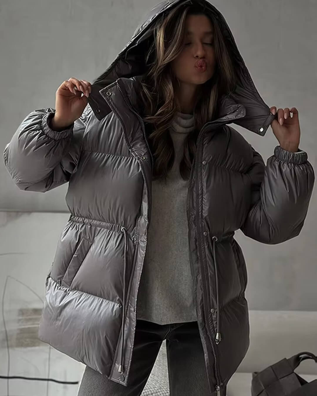 Damen Steppjacke Winter Warm mit Kordelzug Glanz