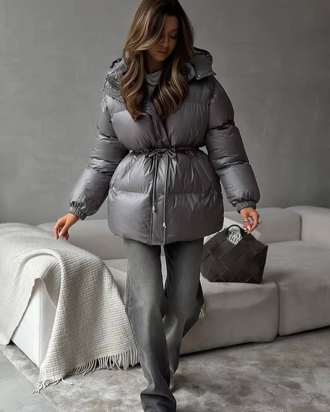 Damen Steppjacke Winter Warm mit Kordelzug Glanz