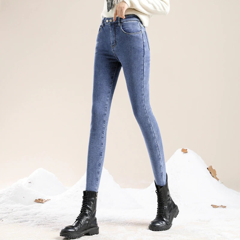Hohe Damen Jeans Winter Gefüttert Warm