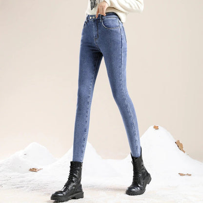 Hohe Damen Jeans Winter Gefüttert Warm