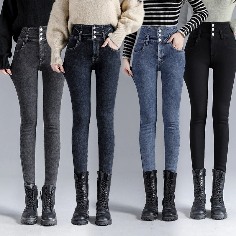 Hohe Damen Jeans Winter Gefüttert Warm